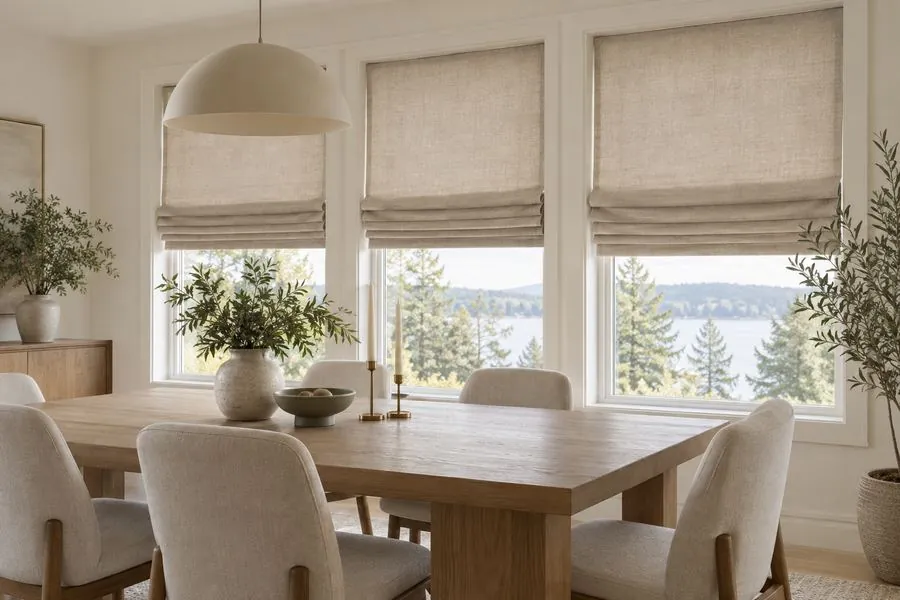 Linen Roman shades over three dining room windows