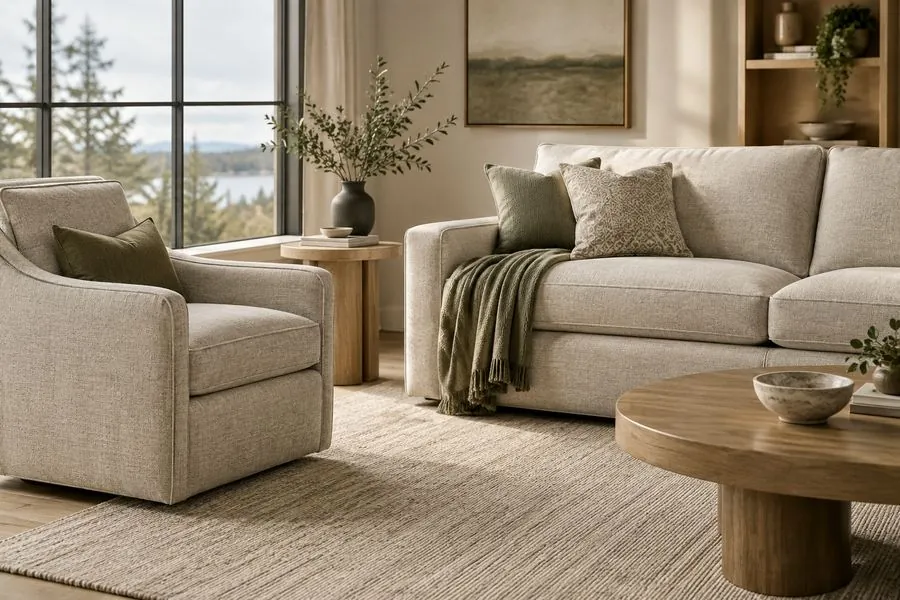 Upholstered armchair and sofa in textured neutral fabric